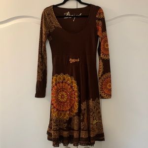 Desigual Brown Dress with Orange and Yellow Patterns